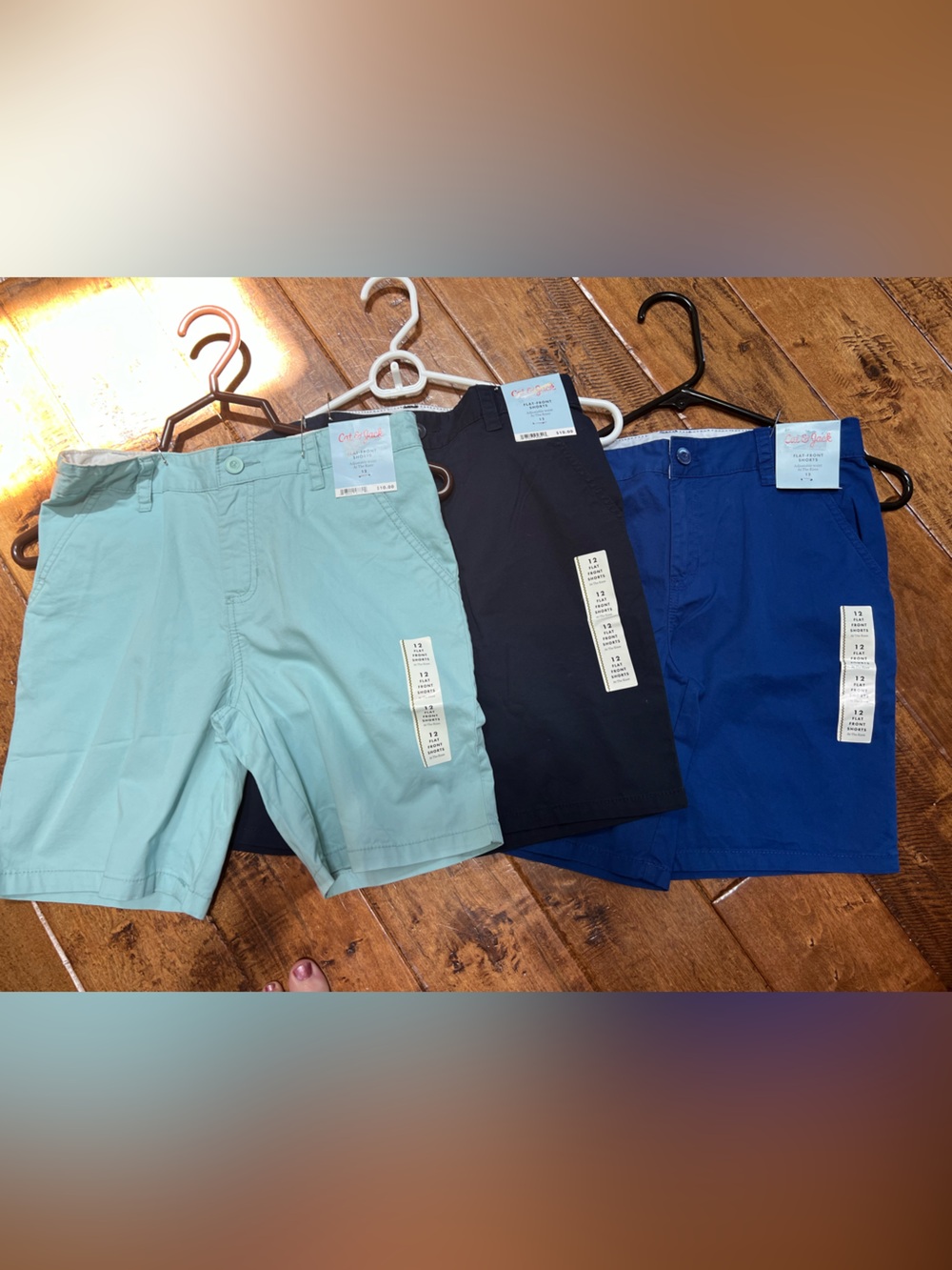 Cat and Jack, flat-front shorts, light green,navy, blue. New boys 12